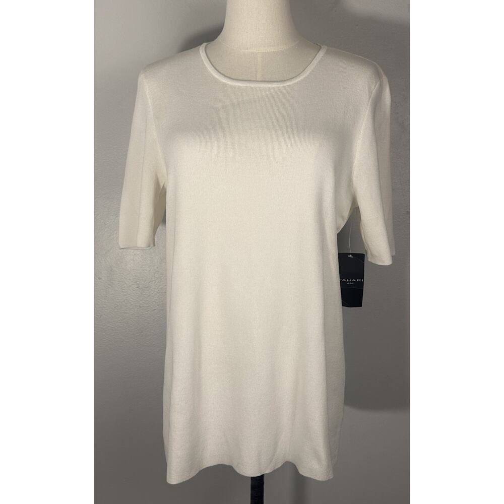 NWT Tahari ASL Ivory Knit Short Sleeve Sweater Top Career Minimalist Classic XL